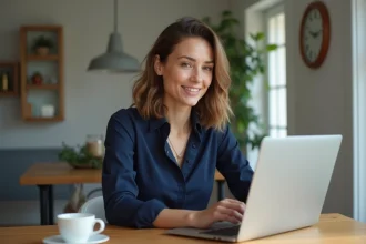 Femme professionnelle en visioconference dans une cuisine française