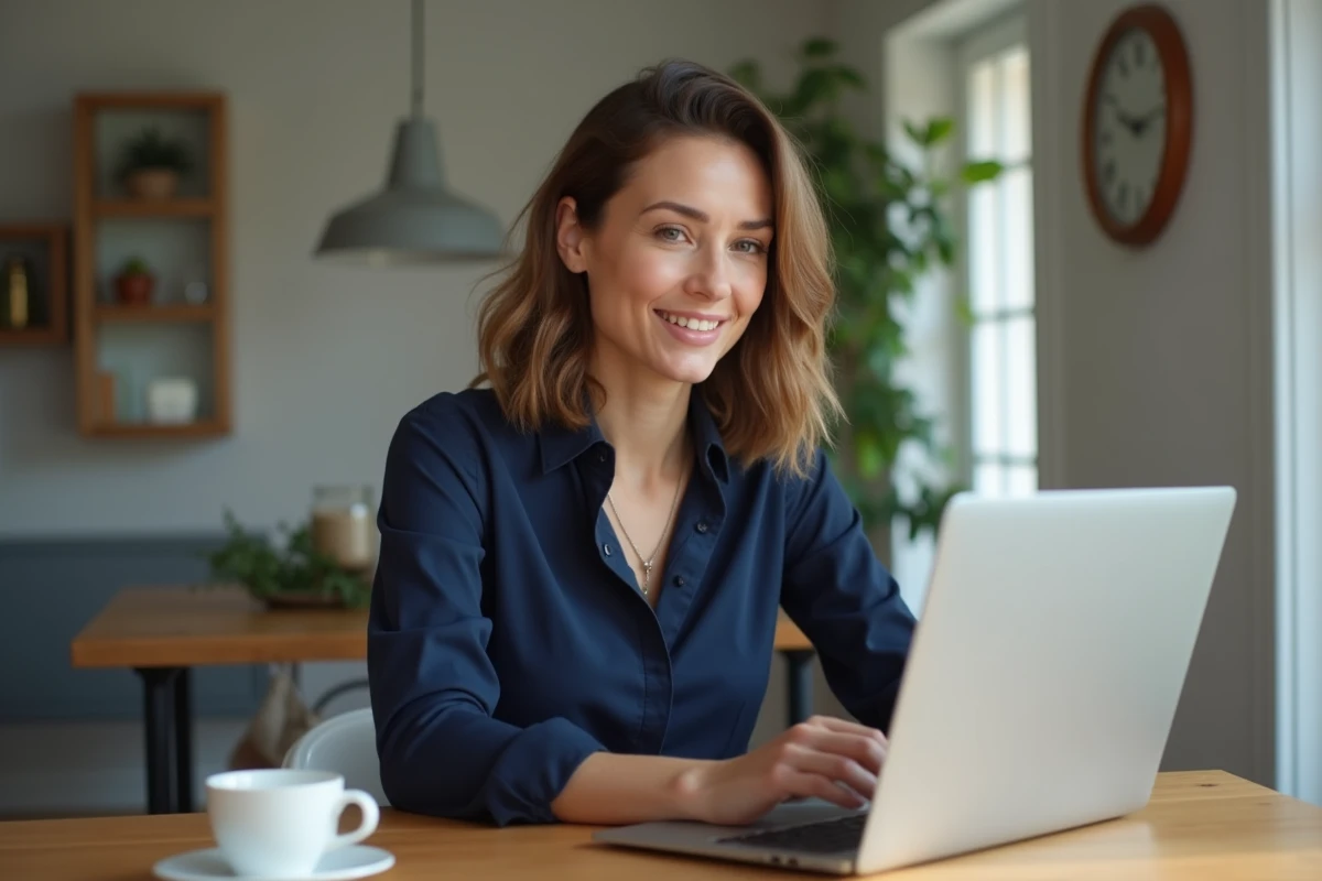 Femme professionnelle en visioconference dans une cuisine française