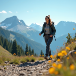 Femme souriante en randonnée alpine avec vue panoramique