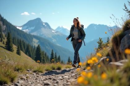Femme souriante en randonnée alpine avec vue panoramique