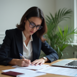 Femme d'affaires remplissant des formulaires de remboursement médical