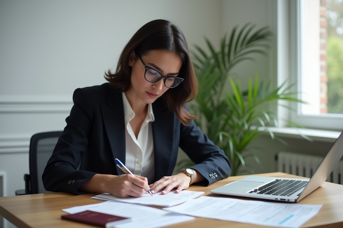 Femme d'affaires remplissant des formulaires de remboursement médical