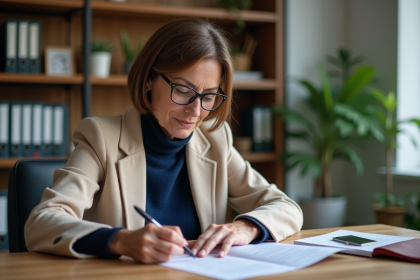Femme d'âge moyen remplissant un formulaire de passeport