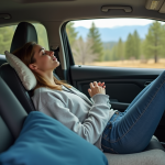 Jeune femme reposant dans une voiture en pleine nature