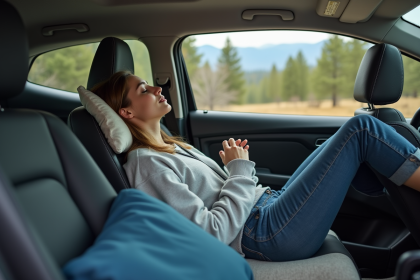 Jeune femme reposant dans une voiture en pleine nature