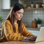 Femme utilisant un ordinateur pour réserver un vol à la maison