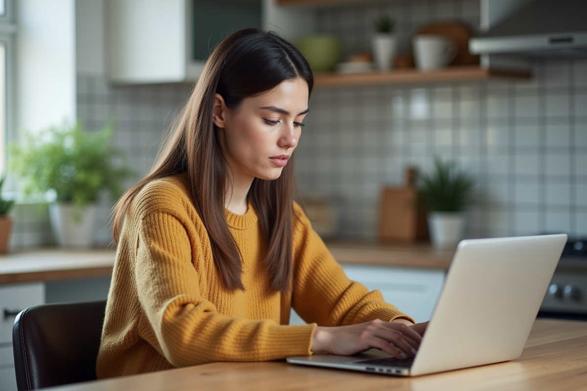 Femme utilisant un ordinateur pour réserver un vol à la maison