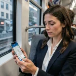 Femme consultant l'application Mappy sur son smartphone dans un train de banlieue pour planifier son trajet domicile-travail