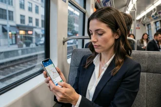 Femme consultant l'application Mappy sur son smartphone dans un train de banlieue pour planifier son trajet domicile-travail