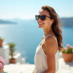 Femme souriante en terrasse méditerranéenne ensoleillée