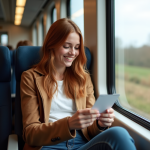 Jeune femme dans un train moderne regardant son billet