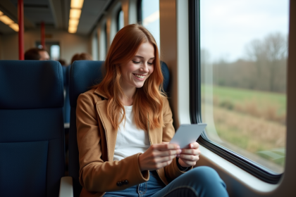 Jeune femme dans un train moderne regardant son billet