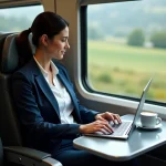 Femme en blazer travaillant sur un ordinateur portable dans un train moderne Lyon-Italie avec prises électriques intégrées