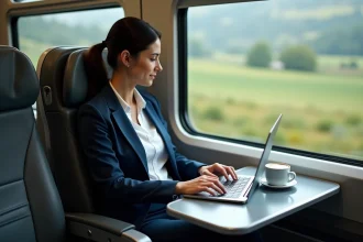Femme en blazer travaillant sur un ordinateur portable dans un train moderne Lyon-Italie avec prises électriques intégrées