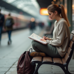 Femme assise à la gare consulte une carte de voyage