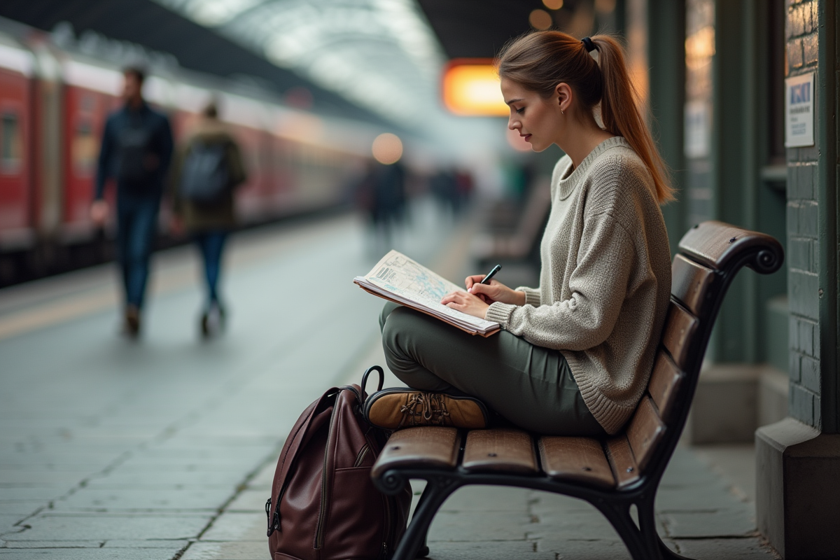 Femme assise à la gare consulte une carte de voyage