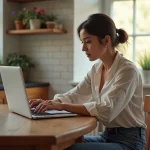 Jeune femme travaillant sur un ordinateur dans une cuisine lumineuse