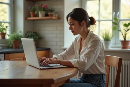 Jeune femme travaillant sur un ordinateur dans une cuisine lumineuse