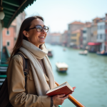 Femme souriante sur un vaporetto à Venise avec guide