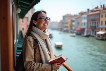 Femme souriante sur un vaporetto à Venise avec guide