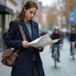 Jeune femme en manteau navy consulte une carte en ville