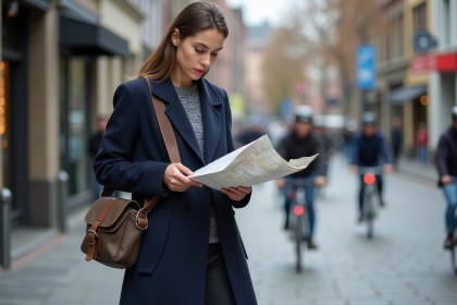Jeune femme en manteau navy consulte une carte en ville