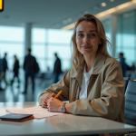 Femme assise à l'aéroport remplissant des documents de visa