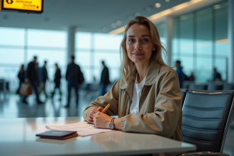 Femme assise à l'aéroport remplissant des documents de visa
