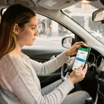 Femme consultant une application de calcul d'itinéraire sur smartphone montée dans une voiture pour optimiser son budget carburant