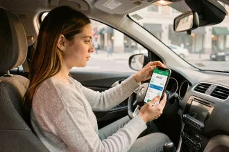 Femme consultant une application de calcul d'itinéraire sur smartphone montée dans une voiture pour optimiser son budget carburant