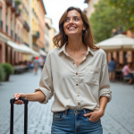 Jeune femme souriante en voyage en Europe avec valise