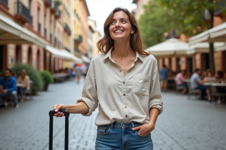 Jeune femme souriante en voyage en Europe avec valise