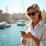 Femme en linen regardant la mer à Valletta