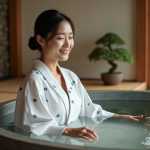 Femme japonaise en yukata blanc dans un onsen intérieur