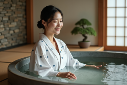 Femme japonaise en yukata blanc dans un onsen intérieur