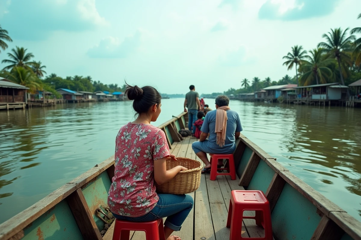 Ferry en bois transportant des passagers sur le Mékong au Cambodge avec des villages sur pilotis en arrière-plan