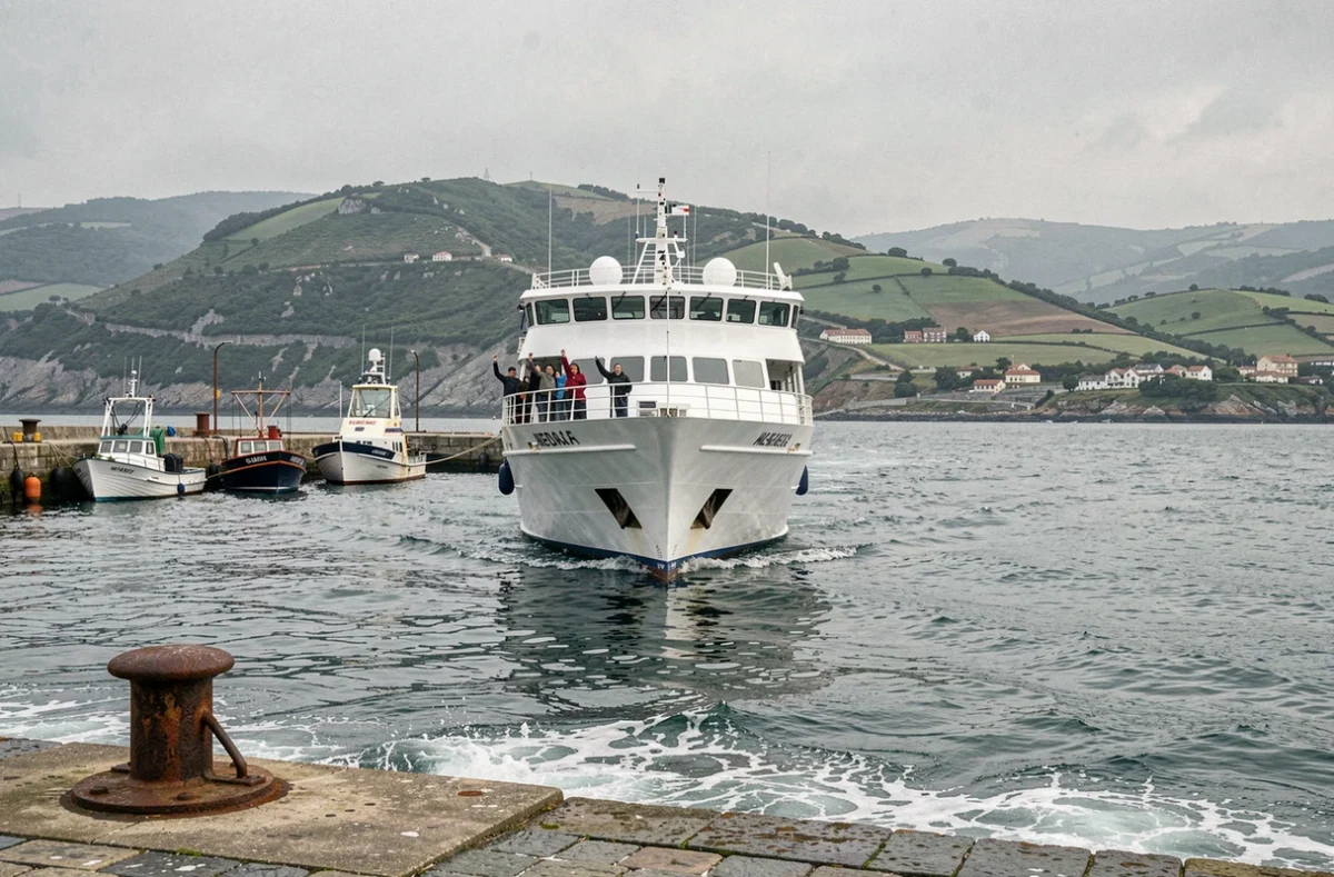 Ferry de croisière quittant le port d'Hendaye avec la côte basque espagnole en arrière-plan