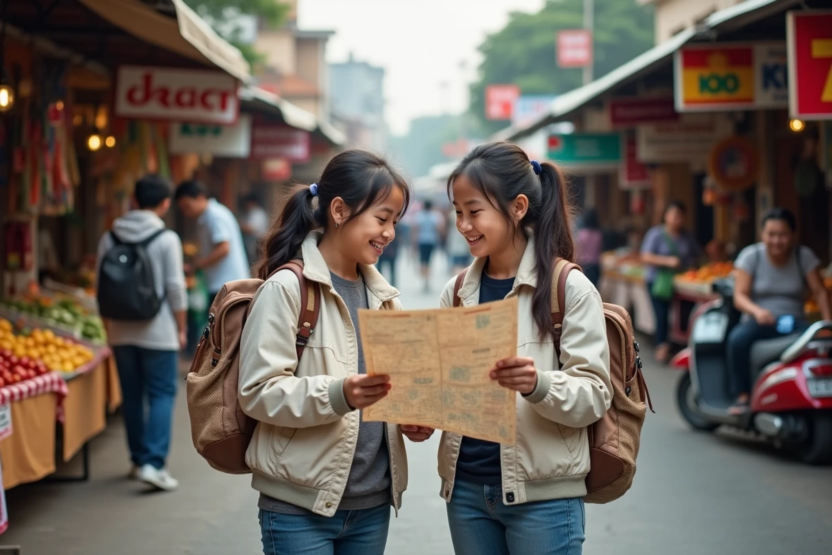 Mère et fille riant au marché en Asie du Sud-Est