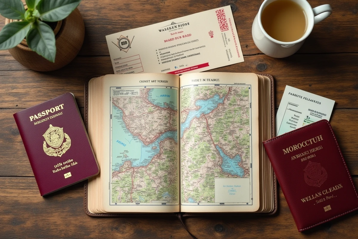 Flat lay de passeport, assurance voyage et documents de préparation pour un voyage au Maroc