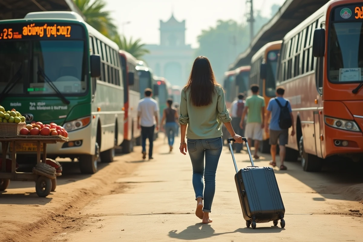 Jeune voyageuse dans une gare routière animée de Phnom Penh avec des bus interurbains en arrière-plan