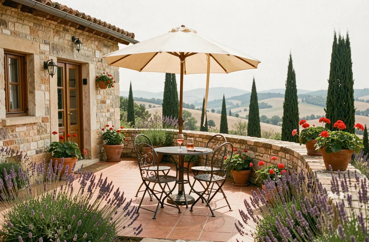 Terrasse d'un gîte en pierre en Provence avec mobilier de jardin et vue sur les collines lavande
