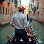 Gondolier vénitien traditionnel sur un canal