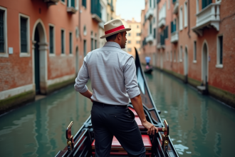 Gondolier vénitien traditionnel sur un canal