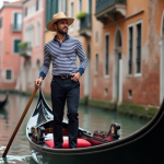 Jeune gondolier vénitien en tenue traditionnelle sur canal