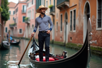 Jeune gondolier vénitien en tenue traditionnelle sur canal