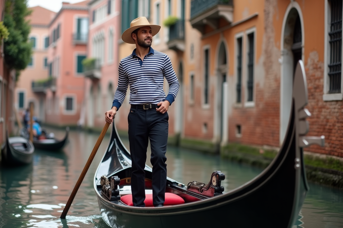 Jeune gondolier vénitien en tenue traditionnelle sur canal