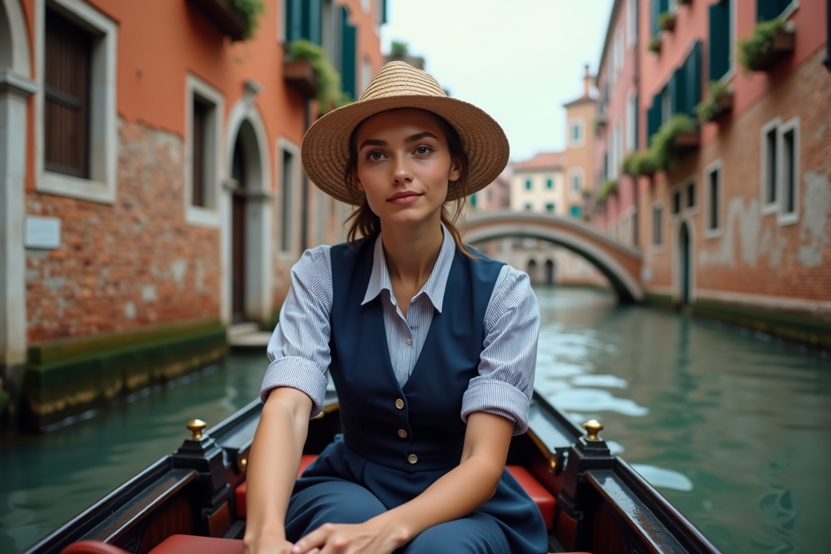 Jeune gondolière vénitienne en action dans un canal