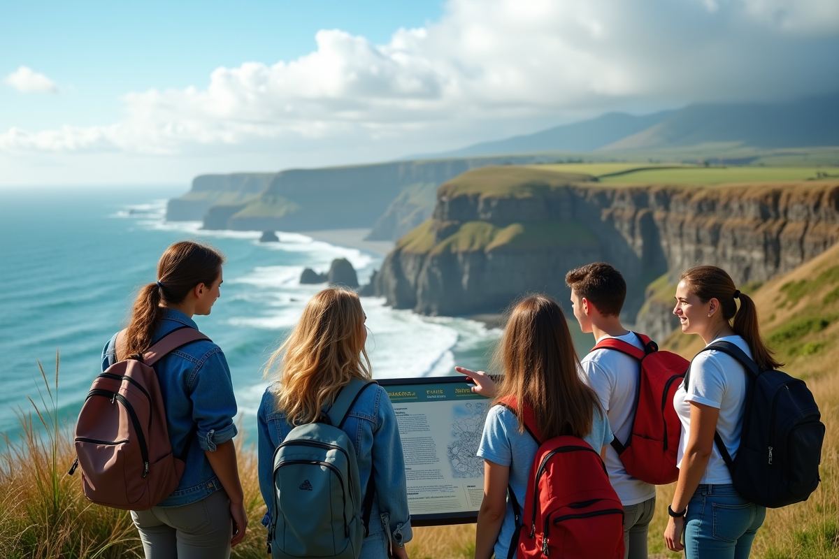 Groupe de jeunes adultes discutant face à la mer