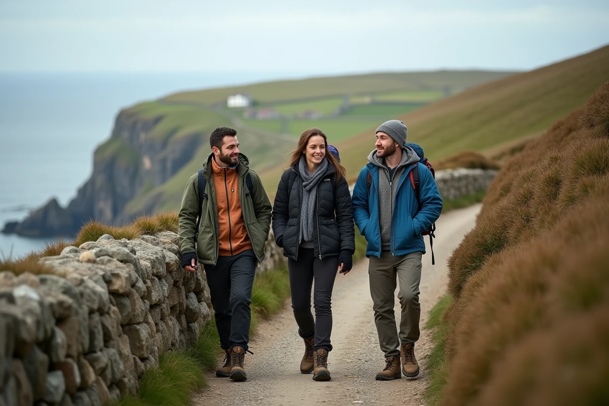 Trois randonneurs sur sentier côtier irlandais