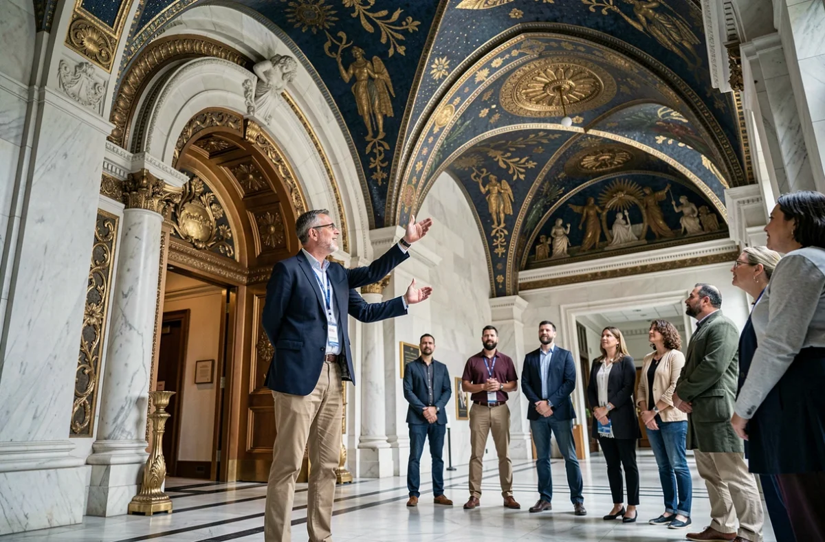 Guide touristique présentant le hall intérieur ornemental du Woolworth Building avec mosaïques byzantines et colonnes en marbre